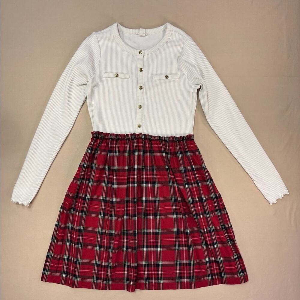 Crewcuts Girls White and Red Plaid Ribbed Long Sleeve Top Dress Size 12